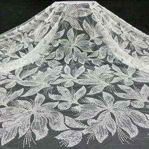 Bead and sequined tulle lace fabric Off White, Leaf Overlay Embroidered Mesh Tulle Lace Fabric for Wedding Gown, Dress, By 1 Yard