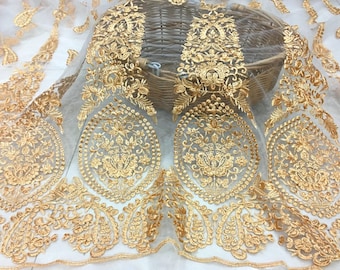 Exquisite Gold Lace Fabric, Golden Embroidery Mesh Lace Fabric, bridal lace fabric wedding fabric dress fabric 51" width 1 yard