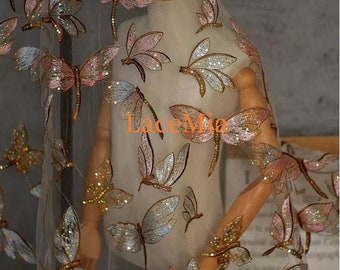 Dragonfly Embroidery With Sequin Lace Mesh Lace Fabric Paillette Flower Gauze for Evening Dress For tutu dress, banquet dresses