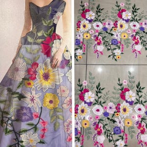 New Floral Leaf Embroidery Tulle Fabric,Vivid Flowers Floral Fabric for Bridals, Wedding Dress, Pageant Gown, By 1 Yard