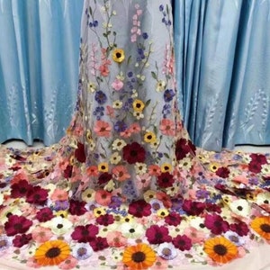 3D Solid Colorful Embroidered FlowerVivid Floral Tulle ,Wedding Dress Fabric Dress Veil Bridal Lace Fabric 49" width