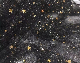 7 Colors Gold Glitter Sequins Star moon Lace Fabric Star moon Soft Tulle Fabric  DIY Dance Costume Wedding Bridal Gown Full Dress Craft
