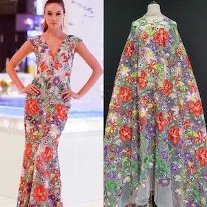 Multicolored 3d flower embroidery Lace Fabric colorful floral Tulle Fabric For Girl Dress Tutu Dress Wedding Dress Bridal Veil 1 yard