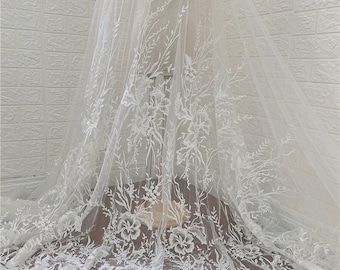 Soft Ivory White sequin Lace Fabric, Floral guipure lace material, for Wedding Gown, Evening Dress, Bridesmaid Dress