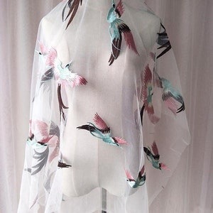 Bird of prey Crane Floral Embroidery Lace Fabric,Wedding Bridal Full Evening Dress Costume 53&quot; Width Sold by 1 Meter