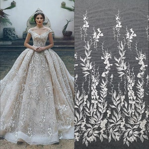 White Ivory Lace Fabric,leaf Leaves Embroidery Tulle flower lace by the yard, for Wedding Dresses, Veils, Couture Fabric Lace