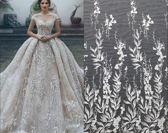 White Ivory Lace Fabric,leaf Leaves Embroidery Tulle flower lace by the yard, for Wedding Dresses, Veils, Couture Fabric Lace