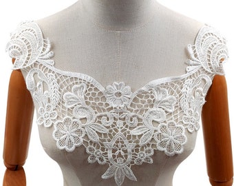 Cuello de encaje vintage blanco roto, aplique de encaje bordado de una pieza