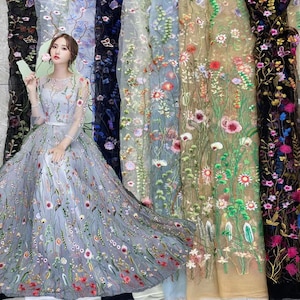 Multicolored Tulle Mesh Floral Embroidery Lace Fabric Bridal  Fabric, ,Wedding Bridal Full Evening Dress Costume 51&quot; Width