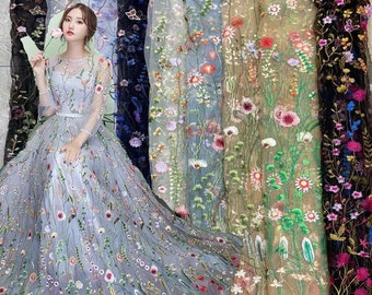 Multicolored Tulle Mesh Floral Embroidery Lace Fabric Bridal  Fabric, ,Wedding Bridal Full Evening Dress Costume 51" Width