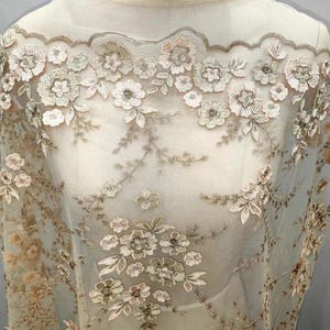 Gorgeous Beaded Wedding Lace Fabric Sequined Beaded Pearl Wedding Dress Lace Fabric, Floral Tulle Lace Fabric for Bridal Gown