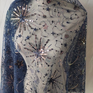 Tissu de broderie étoile lune pailleté tulle or rose bleu marine, pour robe Tutu de bébé, robes, voile de mariage, robe de soirée 51&quot; de largeur
