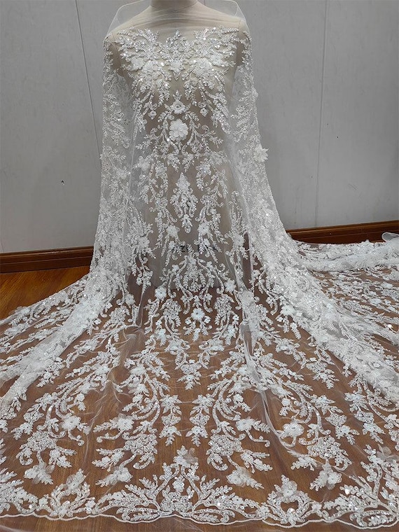 Silver White Heavy Beaded Sequins Embroidery Bridal Lace Fabric