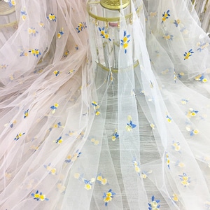 small flower embroidery Lace Fabric flowers soft pink mesh tulle , Floral Tulle Lace Fabric, Wedding Dress, Prom Gown By 1 Yard
