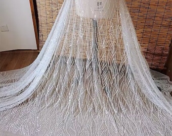 Preciosa tela de encaje con lentejuelas y cuentas en color blanco roto, tela de encaje bordado, vestido de novia, vestido de fiesta,