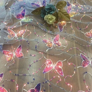 Ombre Sequins Butterfly Lace Fabric Gradient butterfly embroidery Tulle Fabric DIY Dance Costume Wedding Bridal Gown Full Dress Craft