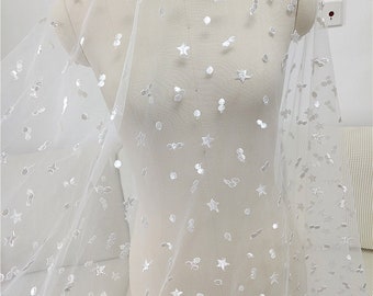 Floral Soft Tulle White Star Polka Dot Mesh Tulle Lace Fabric ,For Veils , Bridal Gown, Curtain, Home Decor, By 1 Yard