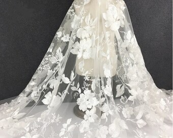 New!Gorgeous Off white Mesh Fabric, Embroidered Lace Fabric , Large Floral Lace Fabric for Wedding Dress, Bridal Gown, Flower Girl Dress