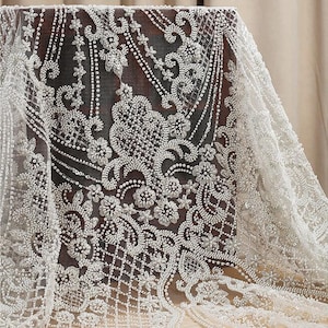 Heavy 3D Beaded Lace Fabric,for Bridal Wedding Dress, Mesh Embroidery Tulle flower applique fabric by the yard