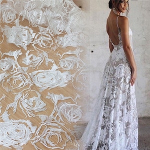 Rose Floral Embroidery Lace Fabric, White Rose Embroidered , wedding lace bridal lace dress fabric gown fabric 51&quot; width by