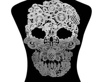 Aplique de encaje de algodón con calavera grande en color beige, para apliques de boda, tocados nupciales y velos.
