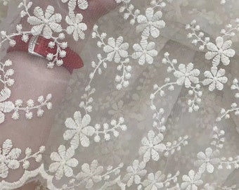 Off white lace fabric, cotton embroidered lace, ivory fabric By the yard