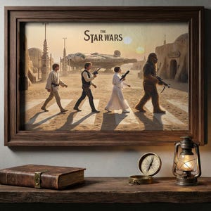 Puede incluir: Impresión enmarcada que presenta una parodia de Star Wars de la portada del álbum Abbey Road. La imagen muestra a cuatro personajes caminando por un paso de cebra en un paisaje desértico, con el título "The Star Wars" arriba. El marco es de madera oscura.