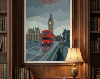 ヴィンテージ ロンドン旅行ポスター、赤いバス、ビッグベン（デジタルダウンロード）