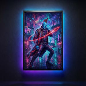 May include: Framed artwork featuring a futuristic figure with blue skin and a mohawk, set against a neon-lit cityscape. The artwork is framed in black and has a vibrant LED light border in blue and purple.