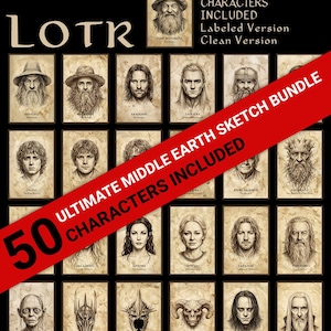 May include: A collection of 20 character sketches from the Lord of the Rings, including Gandalf, Aragorn, and Legolas. The image includes the text "LOTR" and "50 CHARACTERS INCLUDED". The sketches are on a parchment-like background.