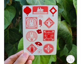 Lunar New Year, Red Sticker Sheet, Chinese New Year, Year of the Rabbit Bunny 2023, Cute Kawaii Planner Journal Diary, Stickers
