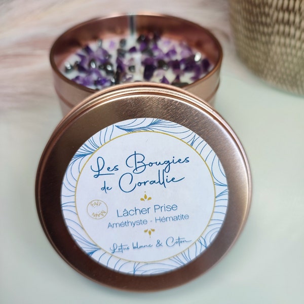 Bougie parfumée lâcher-prise avec pierre naturelle semi précieuse violette et grise, améthyste hématite, bougie naturelle, cadeau de noël