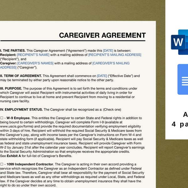 Caregiver Agreement doc simple template, MS Word editable service contract, home health care business contract, senior care agreement