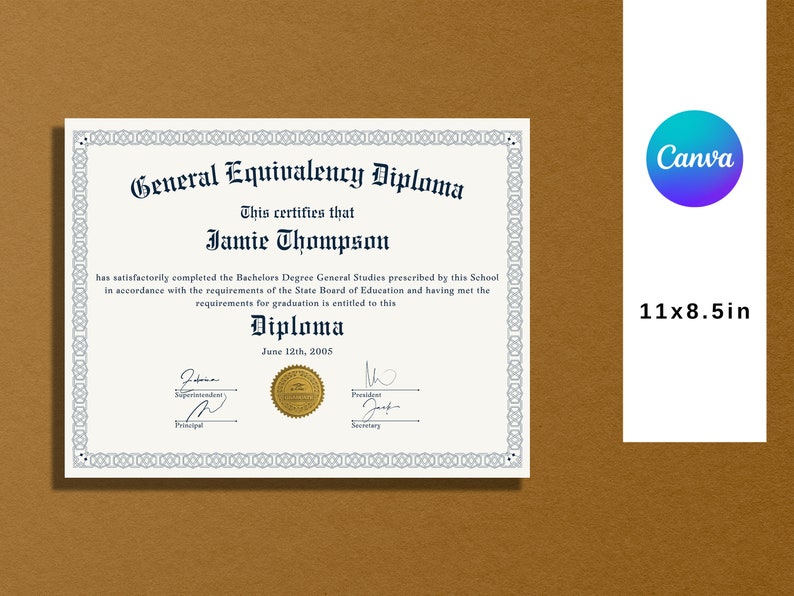 High School Diploma Template General Equivalency Diploma Etsy