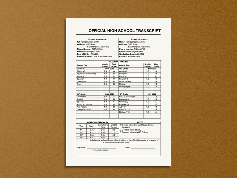 Printable High School Transcript Template, Homeschool Transcript ...