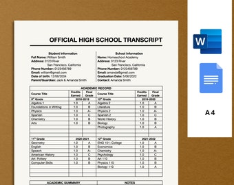 Printable High School Transcript template, homeschool transcript template docs, MS Word, school grades, record, simple and easy to edit