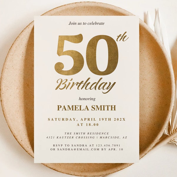 Elegant and Luxurious 50th birthday invitation template, classic gold foil faux effect, invite for man woman, customizable digital download