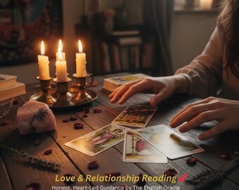 May include: A wooden table with tarot cards, a rose quartz, and lit candles. The text "Love & Relationship Reading" is displayed with the tagline "Honest, Heart-Led Guidance by The English Oracle".