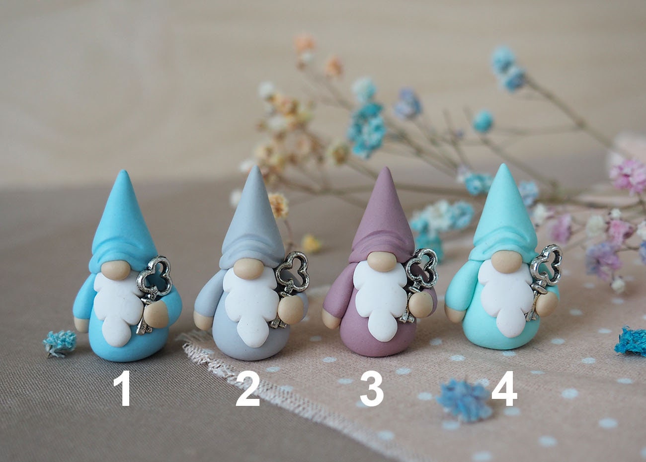 Miniature Gnome Figurine With Tiny Silver Key / Shabby Chic Romantic Gnome / Pastel Color Gnome