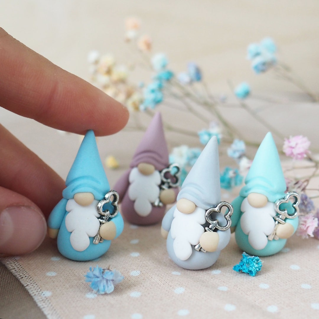 Miniature Gnome Figurine With Tiny Silver Key / Shabby Chic Romantic Gnome / Pastel Color Gnome