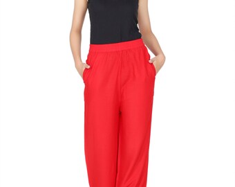 ceil lifestyle soft rayon solid straight red palazzo with pocket