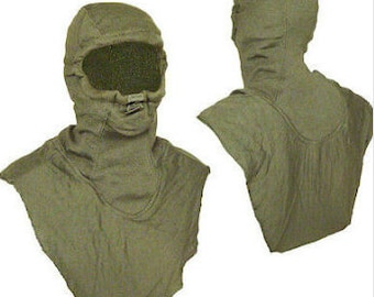 May include: A green balaclava with a mesh face covering and a drawstring closure.
