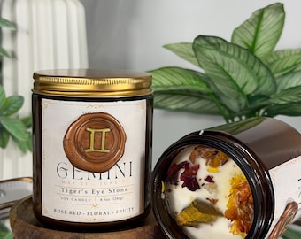 Gemini Zodiac Candle with Tiger’s Eye Crystal – Air Sign Gift