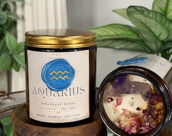 Aquarius Zodiac Candle with Amethyst Crystal – Air Sign Gift