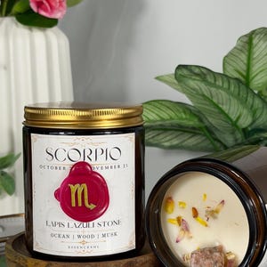Scorpio Zodiac Candle with Lapis Lazuli Crystal – Water Sign Gift
