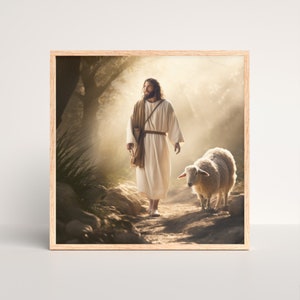 Jesus with sheep Painting, Parable of the Lost Sheep, Good Shepherd, Painting Print, Sketch, Jesus Art, Bible Wall Art, Christian Faith