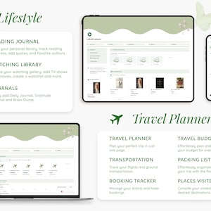 May include: A digital screen displaying a travel planner app with sections for travel planning, transportation, booking tracker, travel budget, packing list, and places visited. The app has a green and white color scheme.