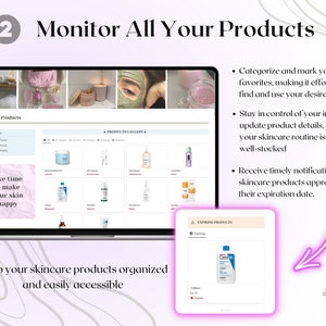 May include: A computer screen displaying a skincare product inventory management system. The screen shows a product gallery with various skincare products, a section for categorizing and marking favorites, and a section for managing expiring products. The text on the screen reads "Skincare Products" and "Products Gallery".