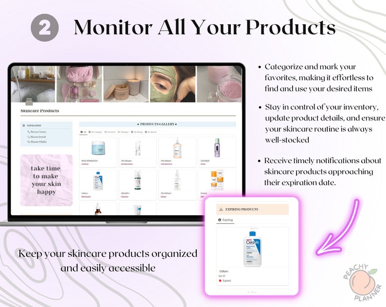 May include: A computer screen displaying a skincare product inventory management system. The screen shows a product gallery with various skincare products, a section for categorizing and marking favorites, and a section for managing expiring products. The text on the screen reads "Skincare Products" and "Products Gallery".