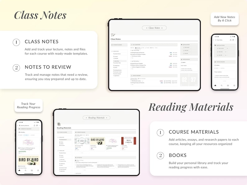 Puede incluir: Una ilustraci&oacute;n digital de una pantalla de computadora y un tel&eacute;fono inteligente que muestra una aplicaci&oacute;n de toma de notas digital. La aplicaci&oacute;n presenta una interfaz limpia y blanca con secciones para notas de clase, notas para revisar, materiales del curso y libros. La aplicaci&oacute;n permite a los usuarios organizar sus notas, realizar un seguimiento de su progreso de lectura y administrar sus recursos acad&eacute;micos.